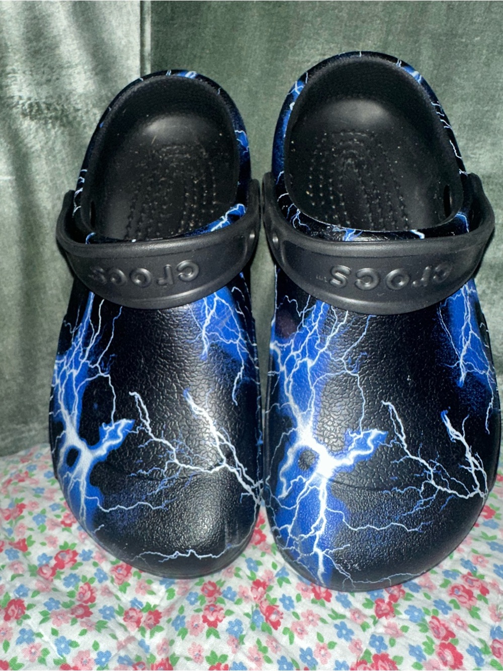 CROCS Kids Black Clogs with Blue Lightning Print